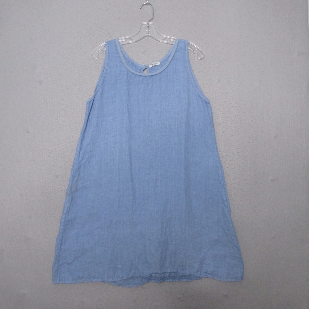 Puro Lino Dress Blue Linen Braided Trim Coastal Breathable Shift Made in Italy